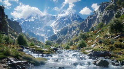 A river winds through rugged, rocky terrain. Tall mountains tower above with snowy peaks.