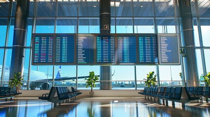 A digital departure board displays flight times and gate information in an airport : Generative AI