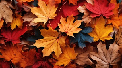 Obraz premium Autumn maple tree leaves full frame arrangement with many colorful leaves