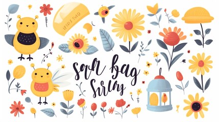 Fototapeta premium Vibrant and charming illustrations with yellow chicks, flowers, and nature-inspired motifs for a lighthearted vibe