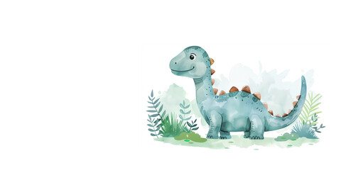Obraz premium Cute dinosaur on a white background, watercolor illustration. A poster for the children's room, a flyer with an empty space for the text.