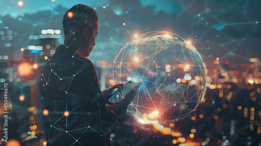 Fototapete Digital technology internet global network technology concept Business man using digital tablet computer with global internet network connection smart city background data exchange eco : Generative AI