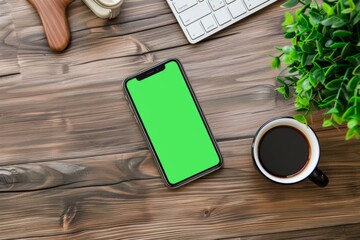 Modern Office Desk with Green Screen Smartphone, Coffee Cup, and Keyboard