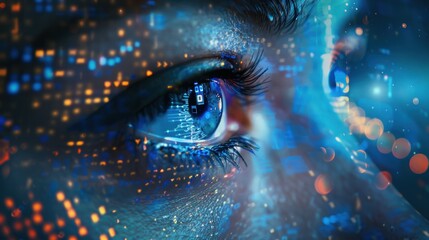 Digital Eye with Blue and Orange Data Overlay. Generative AI.