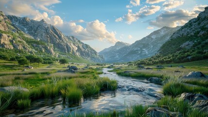 Obraz premium A picturesque river flows through a green valley. Snowy mountains form the perfect backdrop.