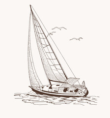 Adobe Illustrator ArtworkSailboat in the sea, summer adventure, active vacation. Seagoing vessel, marine ship or nautical caravel. water transport in the ocean for sailor and 