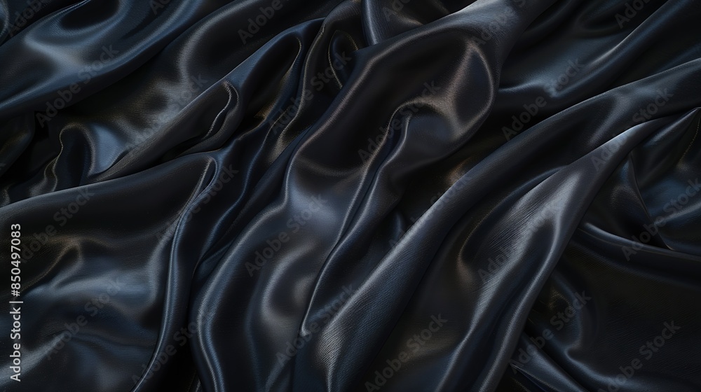 Leinwandbilder Black gray satin dark fabric texture luxurious shiny that is abstract silk cloth panorama background with patterns soft waves blur beautiful : Generative AI