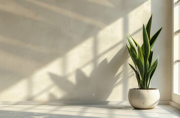 Fototapeta premium A Single Snake Plant In A White Pot With Light Filtering Through A Window