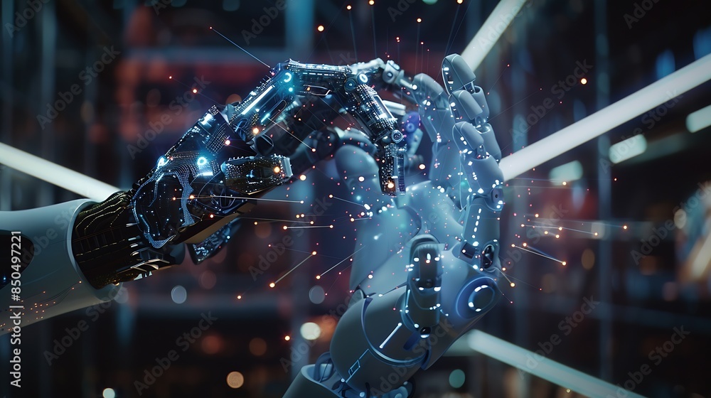 Fototapete Man using tools AI technology smart robot science and artificial intelligence technology and innovation futuristic and global connection for providing access to information and data on : Generative AI