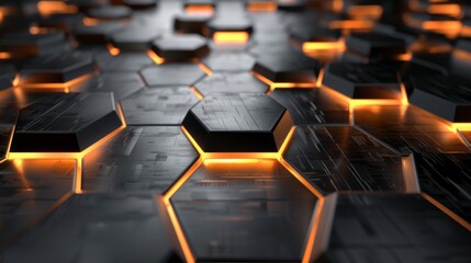 Obraz premium Close up of a 3D render of hexagonal shapes with a warm illuminating orange glow representing a network