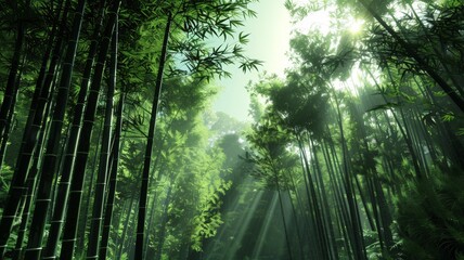 Fototapeta premium Sunbeams break through the dense bamboo. The forest floor is bathed in a soft glow.