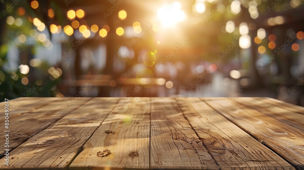 Poster empty wooden table and blurred background of abstract in front of restaurant or coffee shop for disp