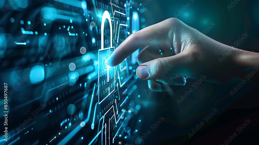 Poster technology login information security privacy business protection protect padlock password touching padlock hud to view cloud technology system that tech is protect your data and secur : Generative AI