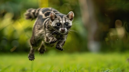 Obraz premium Dramatic snapshot of a civet cat mid-air leap against a vibrant green background in nature