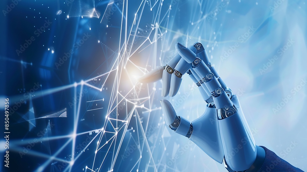Fototapete AI Machine learning Hands of robot and human touching on big data network connection background Science and artificial intelligence technology innovation and futuristic : Generative AI