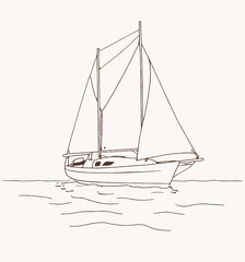 Adobe Illustrator ArtworkSailboat in the sea, summer adventure, active vacation. Seagoing vessel, marine ship or nautical caravel. water transport in the ocean for sailor and 