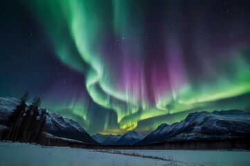 Northern lights and snowy mountains at night, beautiful type 20