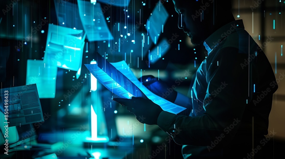Fototapete Individuals with document holograms in information system archiving important documents in online databases to be accessed at any time document database management Storing document fil : Generative AI