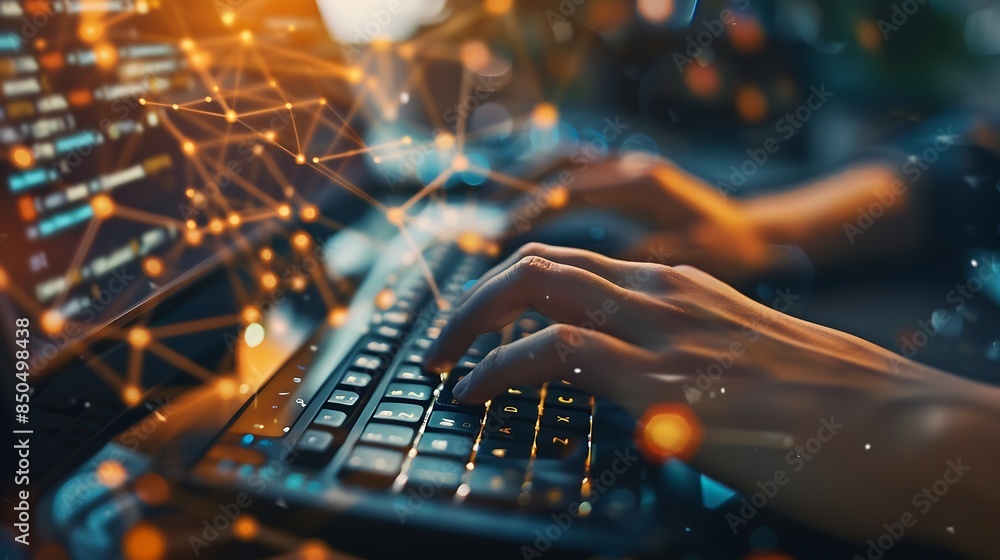 Aufkleber Hands person and typing on keyboard for research information and data with system technology Woman screen and overlay with coding or software update and programming or upgrade on cyber : Generative AI