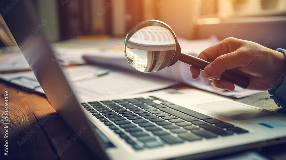 Aufkleber business document management file corporate information laptop folder professional paper close up to hand hold magnifier to search file to management document is important too business : Generative AI