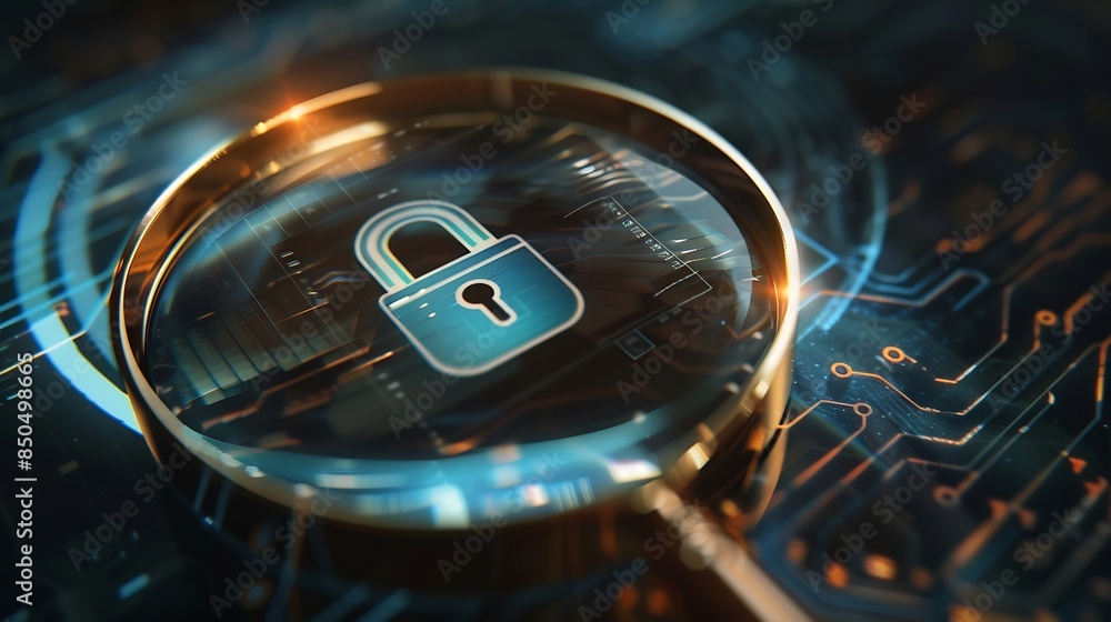 Poster magnifying glass focusing on padlock and user login interface for online security and protection top