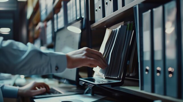 Business people use computers to upload documents from folders to manage online document databases and organize file space on a software system To disseminate information in various ag : Generative AI