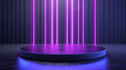 Futuristic Stage Design Featuring Neon Purple and Blue Circular Platform with Vertical Light Bars.