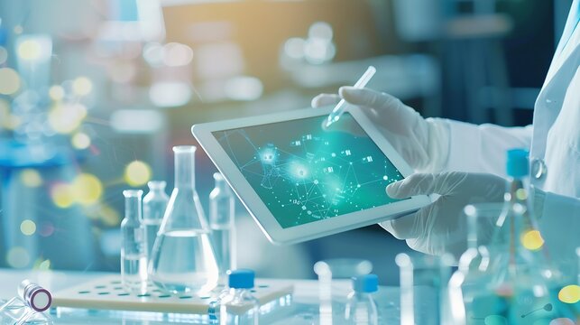 Tablet scientist and happy for analysis in laboratory healthcare and reading of online pharmaceutical research Asian expert technology or connection for innovation or information in bi : Generative AI - Powered by Adobe