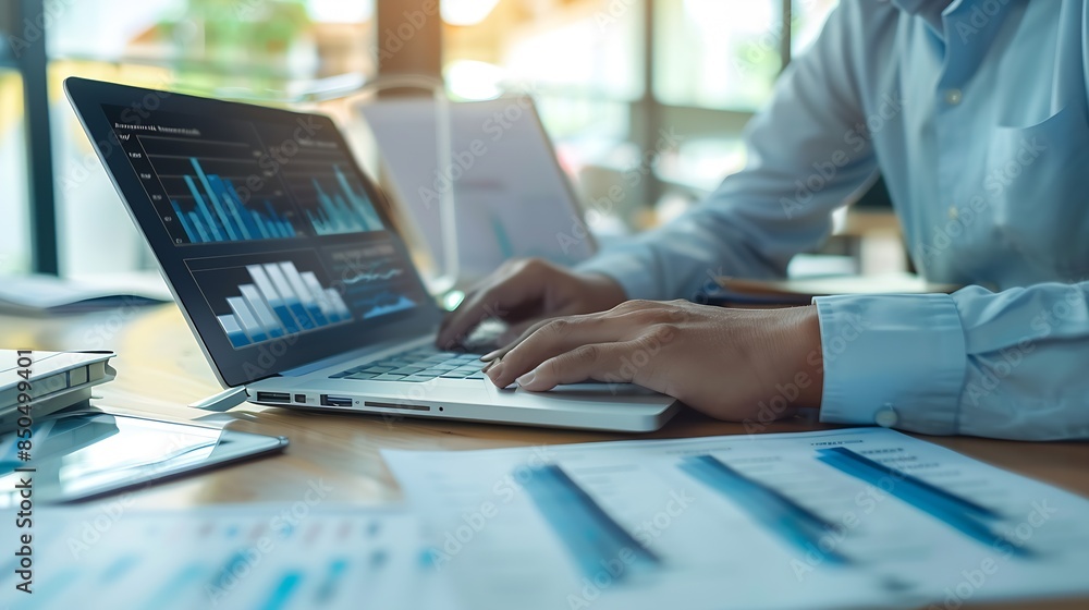Fototapete Enterprise Resource Planning Document management and businessgrown data report concept Businessman use laptops and select business data folders financial information businessgrown grap : Generative AI