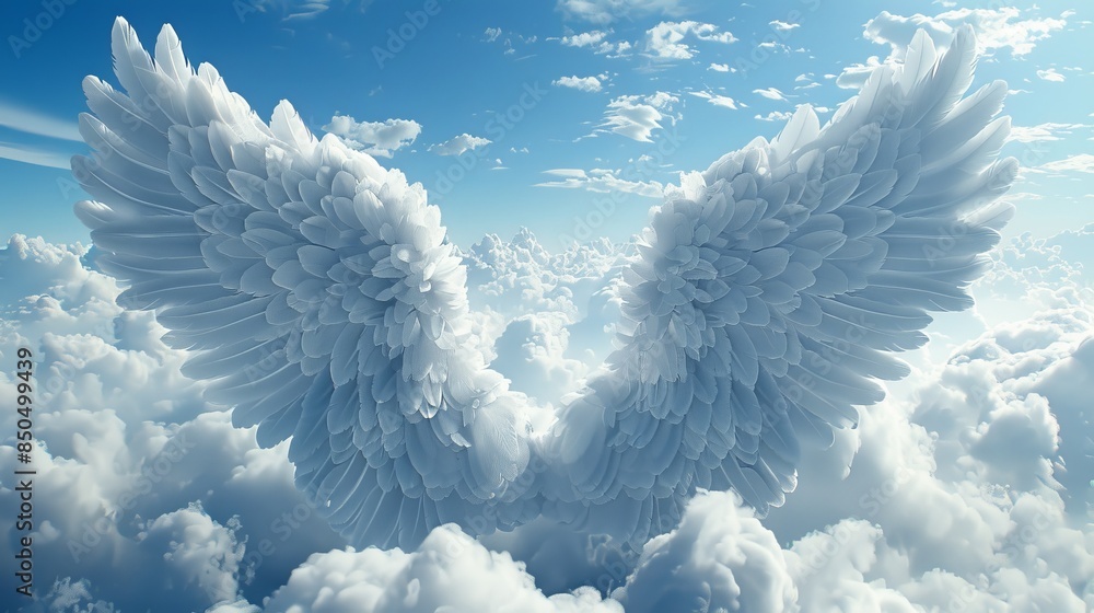 Poster render a surreal image of clouds shaping into a pair of majestic wings, spanning across the sky as i