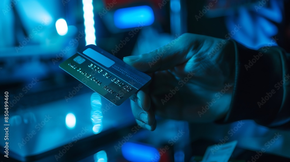 Poster Cropped hands image in criminal anonymous male approaching credit card of personal information database for codding encryption scam program in privacy system at night at blue neon ligh : Generative AI