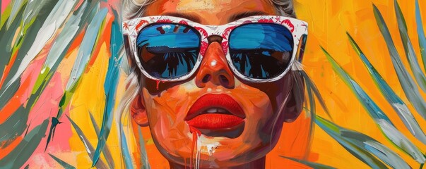 Portrait of beautiful woman in palm leaves on blue background. ai generated