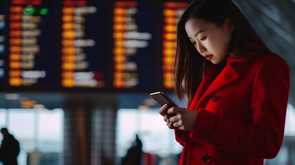 A focused businesswoman in a red coat is checking her smartphone with a flight information board in the background : Generative AI