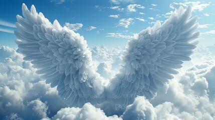 Render a surreal image of clouds shaping into a pair of majestic wings, spanning across the sky as if ready