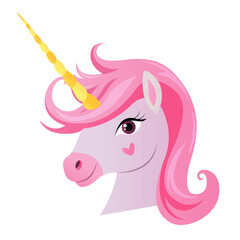 Vector cartoon unicorn with pink hair and horn isolated on white background.

