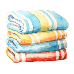 Stack of colorful striped towels in watercolor style, ideal for bathroom, beach, or spa decor. Bright and vibrant home textile illustration.