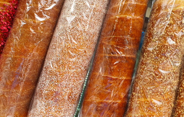 Close-up with many types of coiled kurtos, kurtos roller traditional Szekler from Transylvania