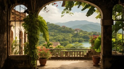 A weathered window frame offers a natural view of a lake surrounded by abundant flora and distant hills