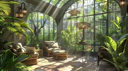 Obraz premium A sunroom with a tropical oasis theme, featuring lush greenery, rattan furniture, and sunlight creating a serene atmosphere