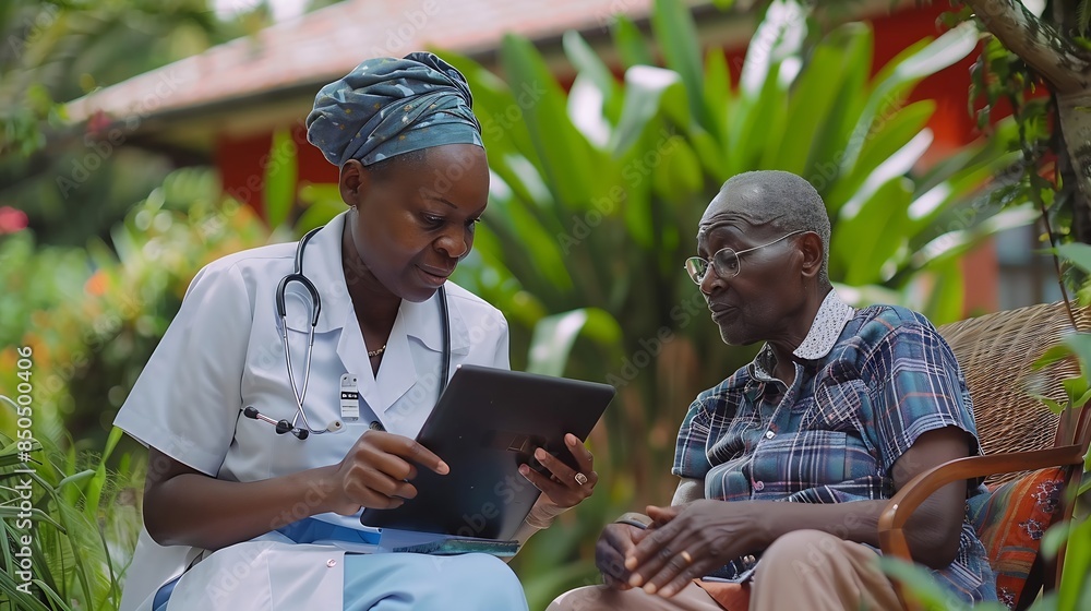 Wall mural Old woman man and tablet caregiver with patient for healthcare and medical information or help with social media Support African nurse for elderly care and tech telehealth and how to w : Generative AI