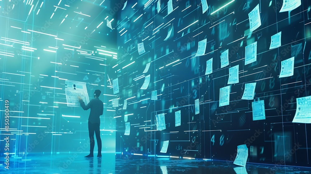 Fototapete Individuals with document holograms in information system archiving important documents in online databases to be accessed at any time document database management Storing document fil : Generative AI