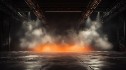 Bright stadium arena lights, Smoke bombs, empty dark scene, neon light, spotlights The concrete floor and studio room with smoke float up the interior texture, night view for display products