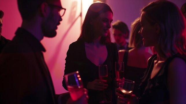 Group of friends having a discussion over a few drinks High society people talking and having a good time together at a party : Generative AI