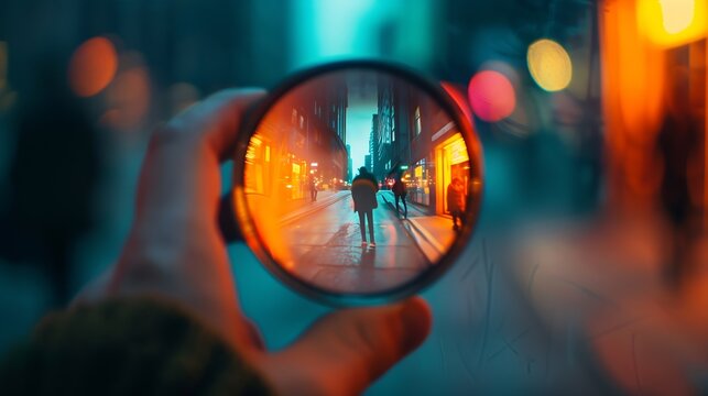 photography view camera photographer lens lense through video photo digital glass hand blurred focus people concept  stock image : Generative AI