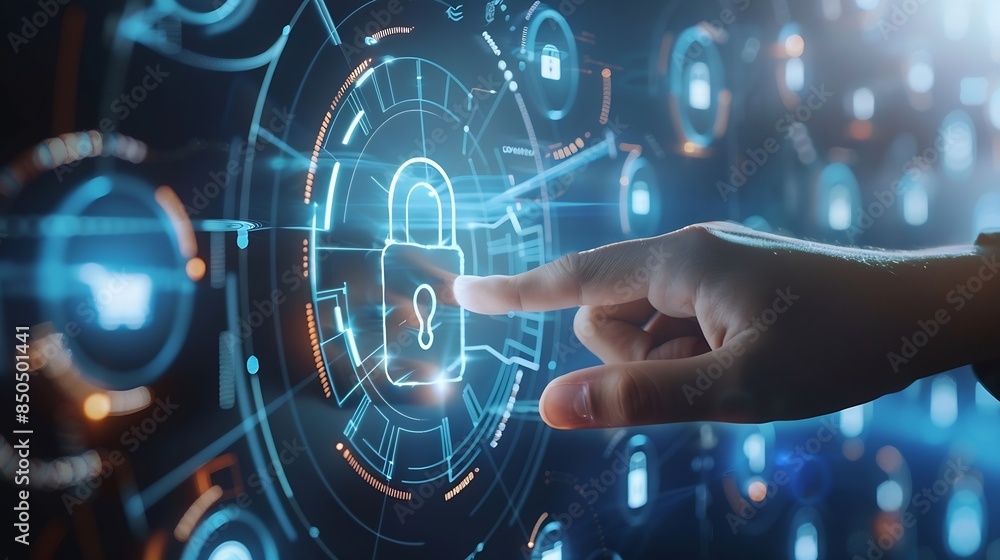 Poster technology login information security privacy business protection protect padlock password touching padlock hud to view cloud technology system that tech is protect your data and secur : Generative AI