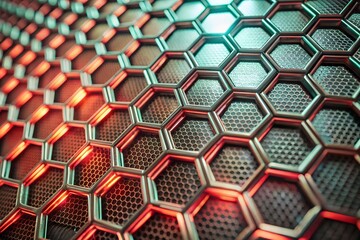 Abstract dark hexagon pattern on red neon background technology style. Modern futuristic geometric shape web banner design. You can use for cover template, poster, flyer, print ad. Vector illustration