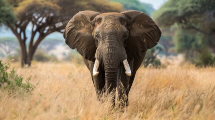 Fototapeta premium An elephant with its ears spread out walks through the tall grass of the African savanna
