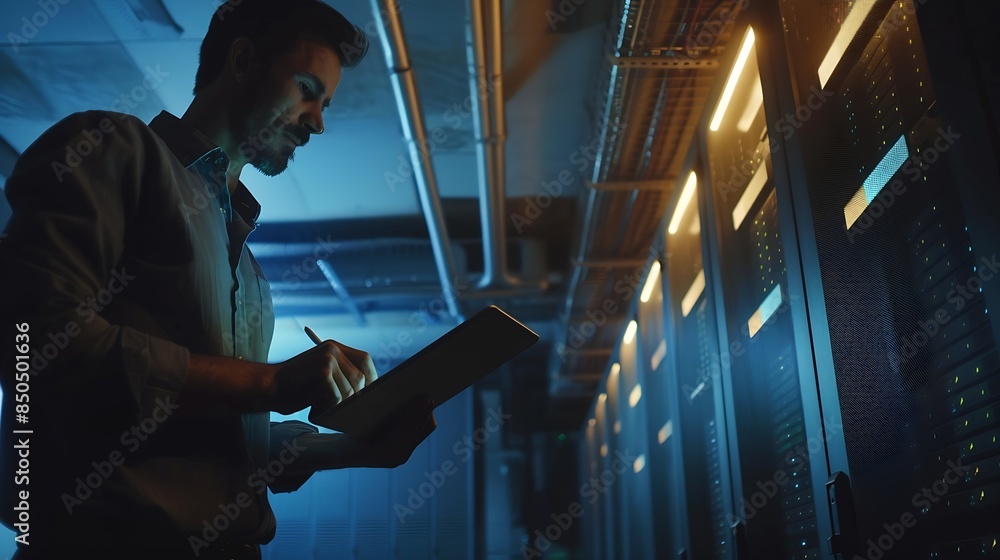 Fototapete Man tablet and server room programming or coding for cybersecurity information technology and data protection backup Happy engineering person on digital software and hardware solution  : Generative AI