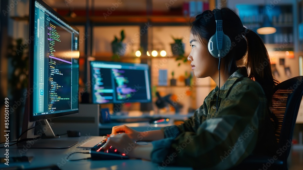 Poster Female Asian Game Programmer Coding On Desktop Computer In Game Development Studio Diverse Office Focused Woman Writes Lines Of Code Does AI Engineering For New Immersive 3D Survival V : Generative AI