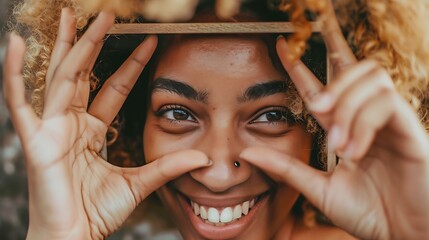 Selective focus of smiling black girl with blonde curly hair and piercing making frame with hands...